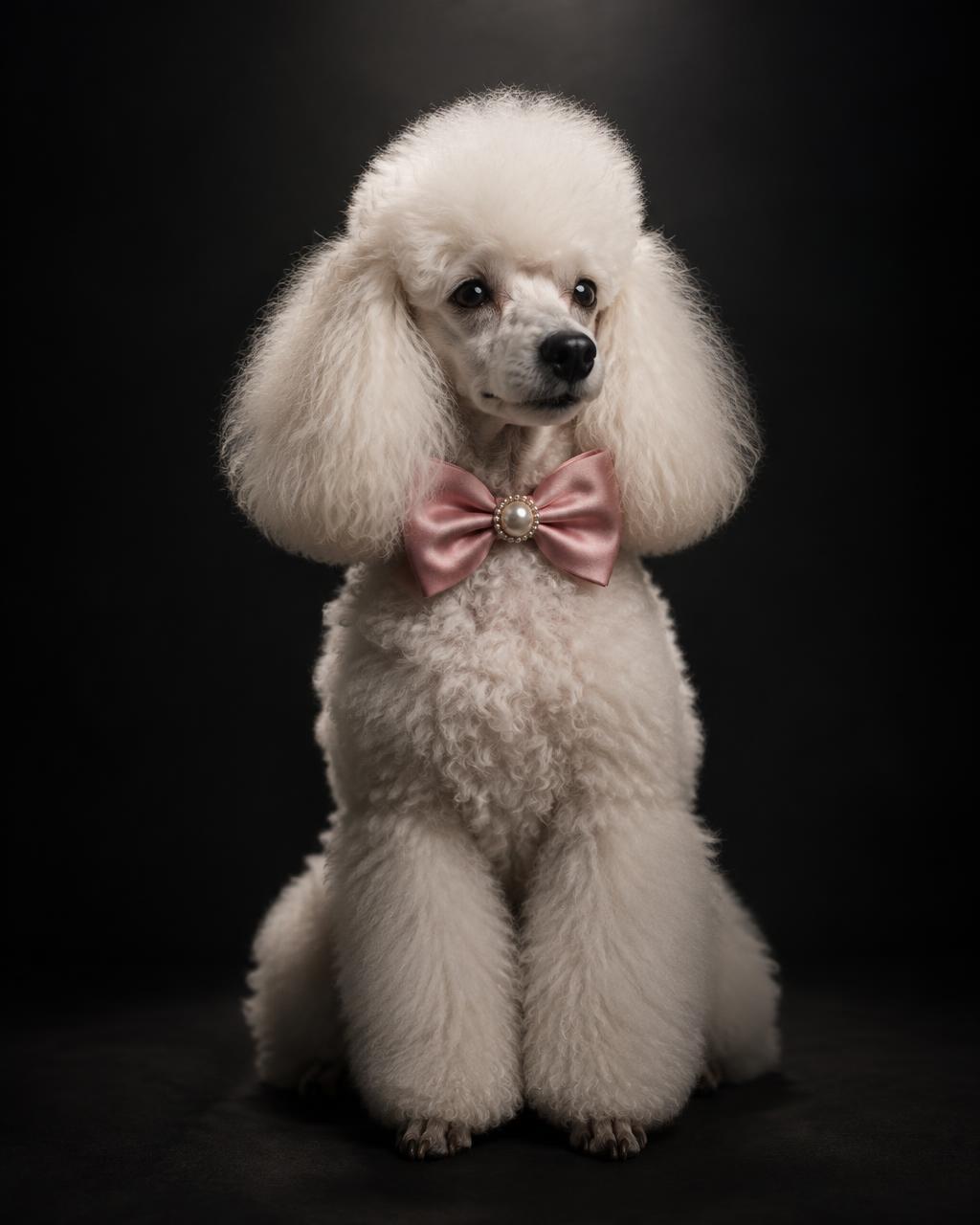 Poodle branco usando laço rosa de cetim com pérola Alberdog